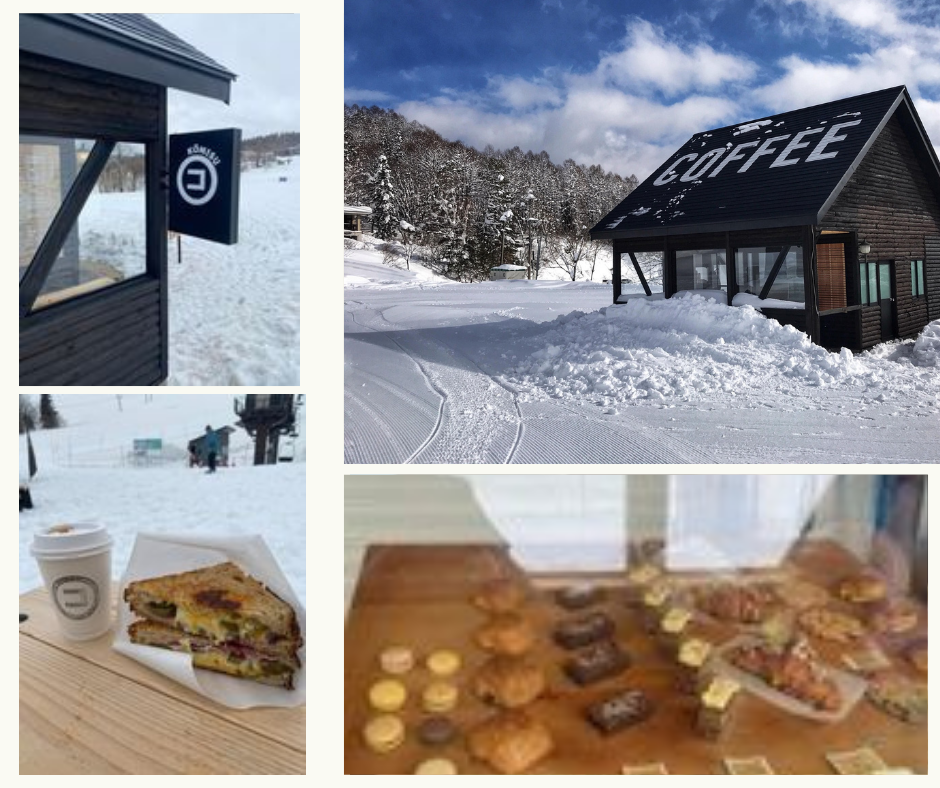 KONISUの外観、看板、サンドイッチ、ケーキの写真
